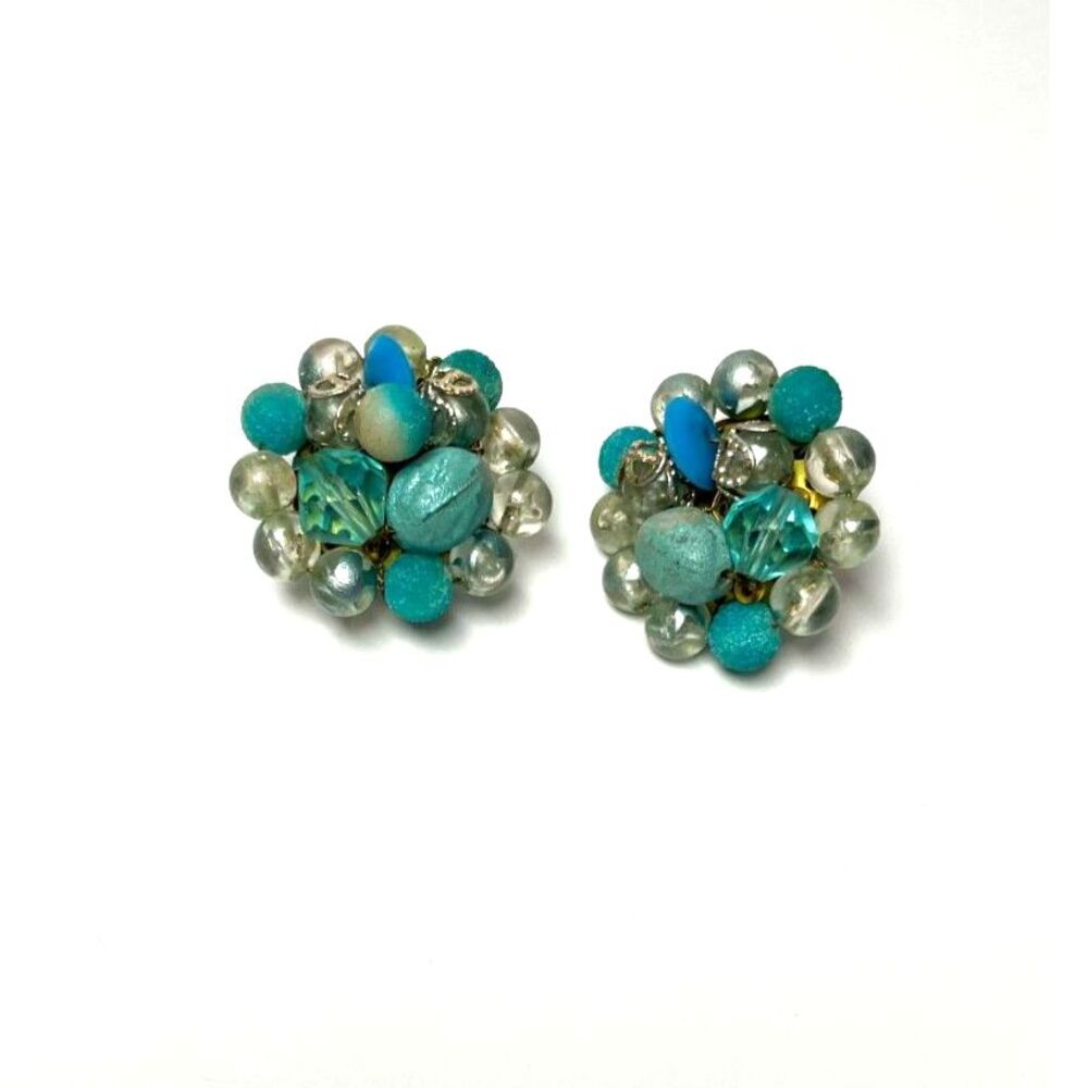 Vintage Blue Turquoise Faux Pearl Round Cluster Clip On Earrings 1" - Picture 3 of 3